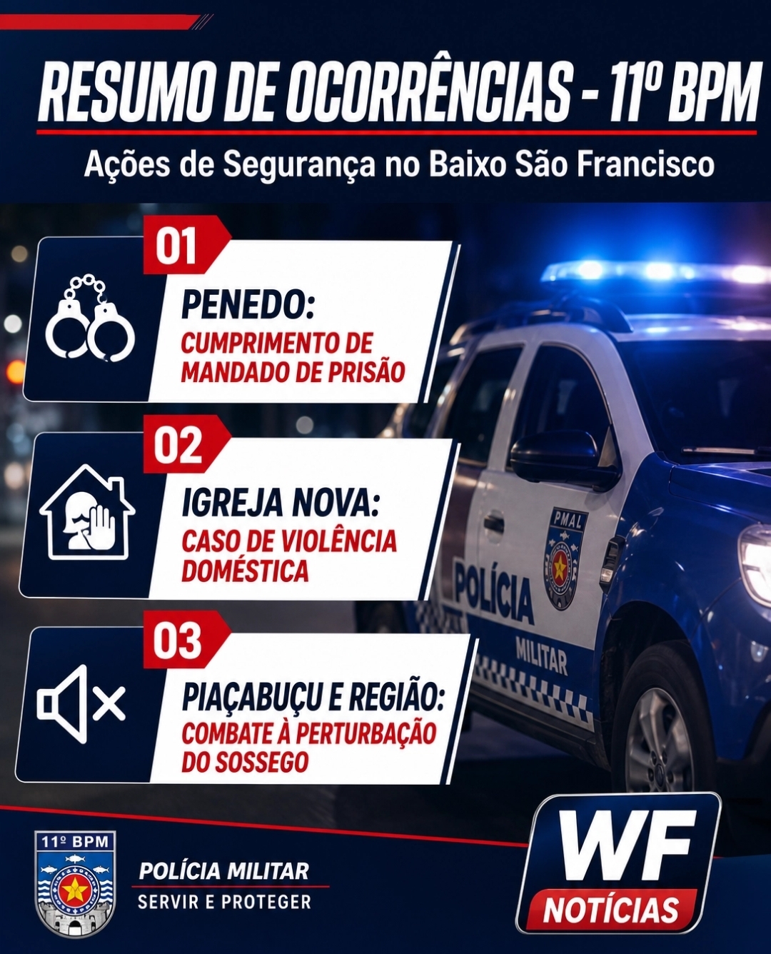 ​🚨 11º BPM registra cumprimento de mandado, caso de violência doméstica e ações contra perturbação do sossego no Baixo São Francisco